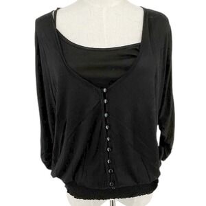 White House Black Market Black V Neck Button Front Ruched Sleeve‎ Top Womens M
